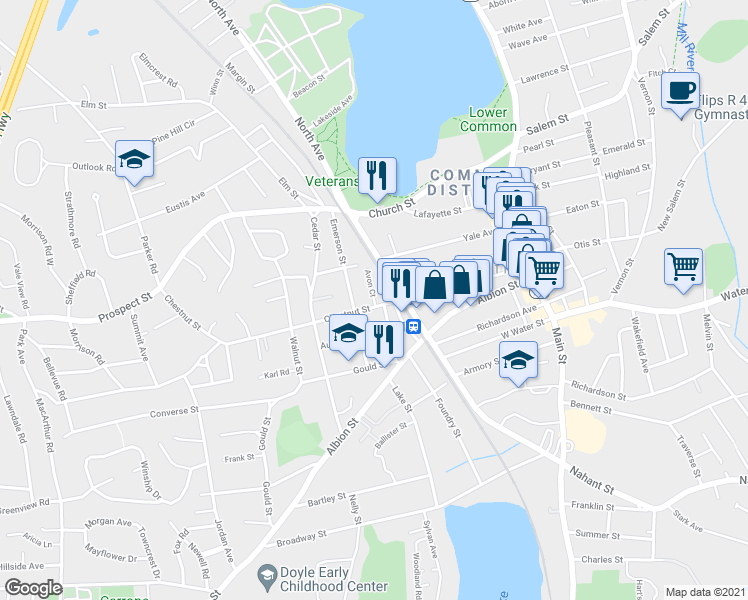 map of restaurants, bars, coffee shops, grocery stores, and more near 11 Avon Court in Wakefield