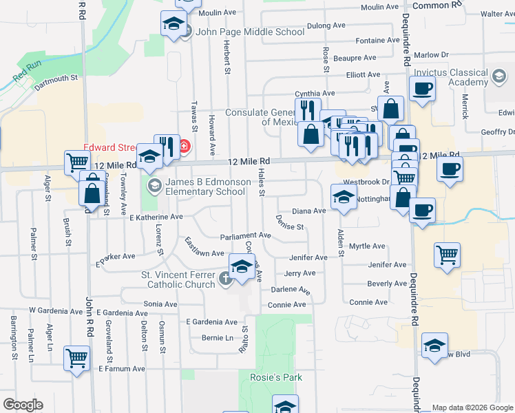 map of restaurants, bars, coffee shops, grocery stores, and more near 28658 Couzens Avenue in Madison Heights