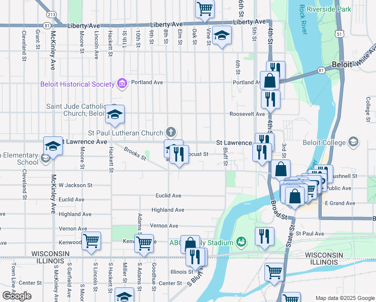 map of restaurants, bars, coffee shops, grocery stores, and more near 506 Locust Street in Beloit