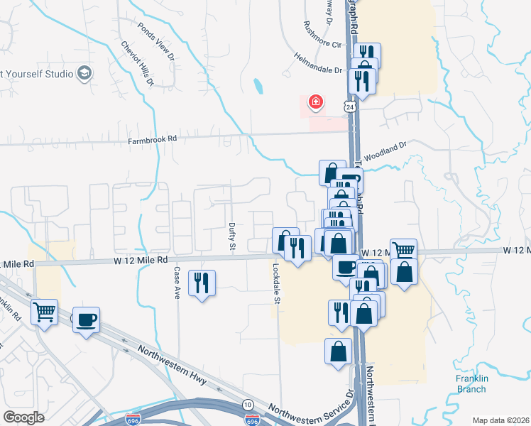 map of restaurants, bars, coffee shops, grocery stores, and more near 25018 Chambley Drive in Southfield
