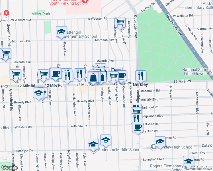 map of restaurants, bars, coffee shops, grocery stores, and more near 3309 Wakefield Road in Berkley