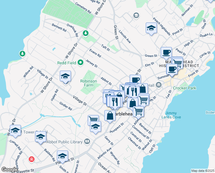map of restaurants, bars, coffee shops, grocery stores, and more near 8 Jefferson Street in Marblehead