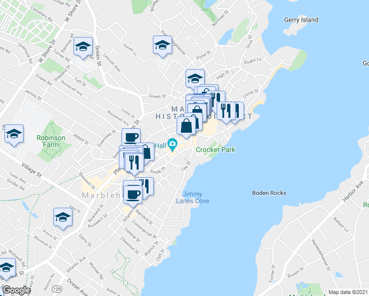 map of restaurants, bars, coffee shops, grocery stores, and more near 11 Tucker Street in Marblehead