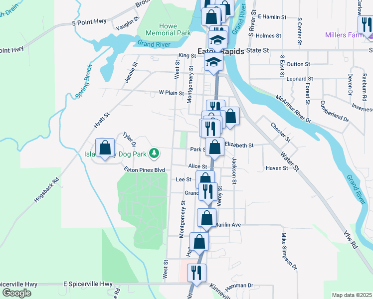 map of restaurants, bars, coffee shops, grocery stores, and more near 1005 Montgomery Street in Eaton Rapids