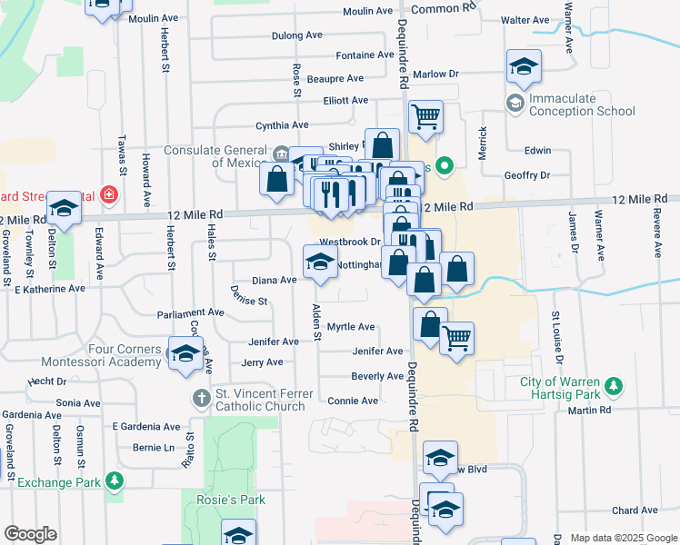 map of restaurants, bars, coffee shops, grocery stores, and more near 28526 Alden Street in Madison Heights