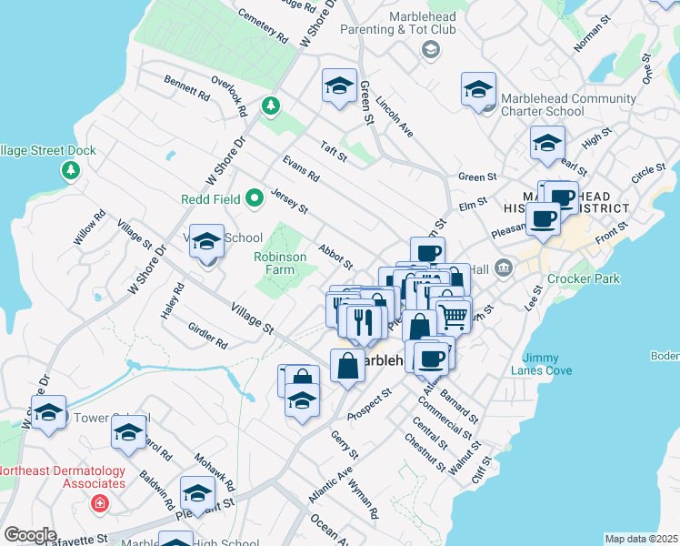 map of restaurants, bars, coffee shops, grocery stores, and more near 8 Jefferson Street in Marblehead