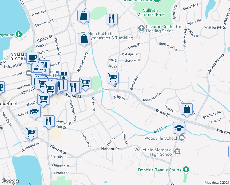 map of restaurants, bars, coffee shops, grocery stores, and more near 12 Wiley Place in Wakefield