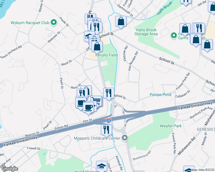 map of restaurants, bars, coffee shops, grocery stores, and more near 827 Main Street in Woburn