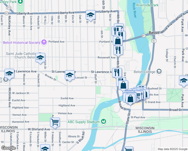 map of restaurants, bars, coffee shops, grocery stores, and more near 631 Bluff Street in Beloit