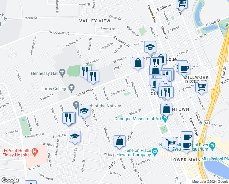 map of restaurants, bars, coffee shops, grocery stores, and more near 1206 Prairie Street in Dubuque