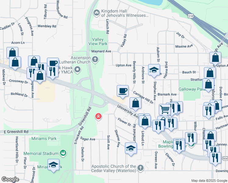 map of restaurants, bars, coffee shops, grocery stores, and more near 3350 Frontage Road in Waterloo