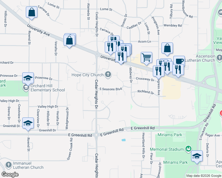 map of restaurants, bars, coffee shops, grocery stores, and more near 3301-3399 Emerald Rd in Cedar Falls