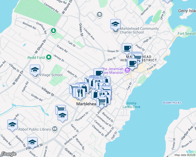map of restaurants, bars, coffee shops, grocery stores, and more near 30 Bassett Street in Marblehead
