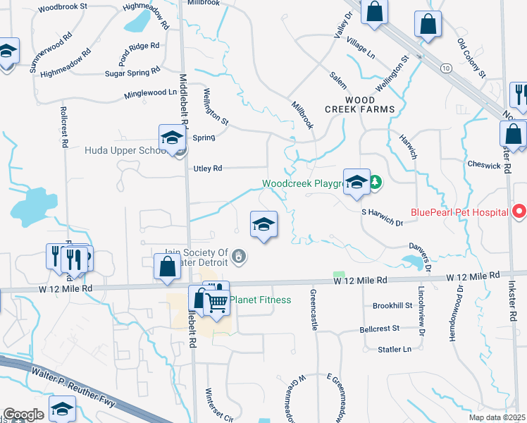 map of restaurants, bars, coffee shops, grocery stores, and more near 28155 Westbrook Court in Farmington Hills