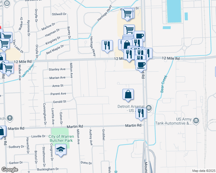 map of restaurants, bars, coffee shops, grocery stores, and more near 28518 Grobbel Avenue in Warren