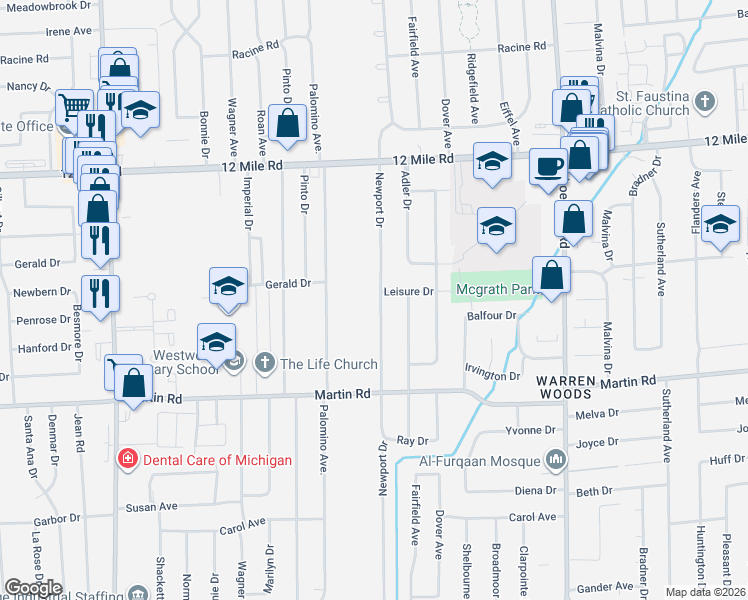 map of restaurants, bars, coffee shops, grocery stores, and more near 28216 Newport Drive in Warren