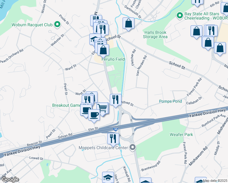 map of restaurants, bars, coffee shops, grocery stores, and more near 831 Main Street in Woburn