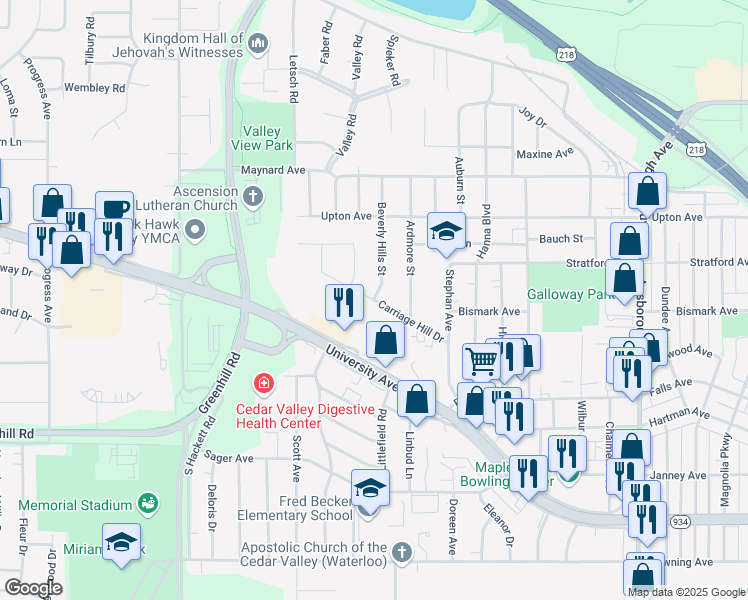map of restaurants, bars, coffee shops, grocery stores, and more near 1798 Carriage Hill Drive in Waterloo