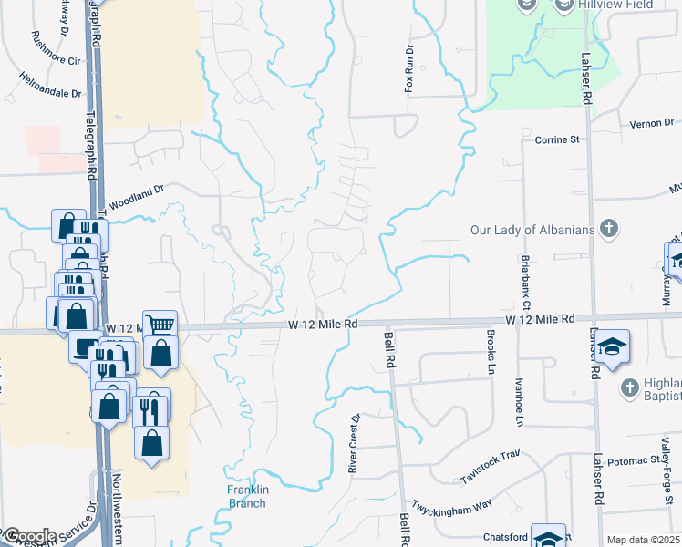 map of restaurants, bars, coffee shops, grocery stores, and more near 29332 Chanticleer Drive West in Southfield