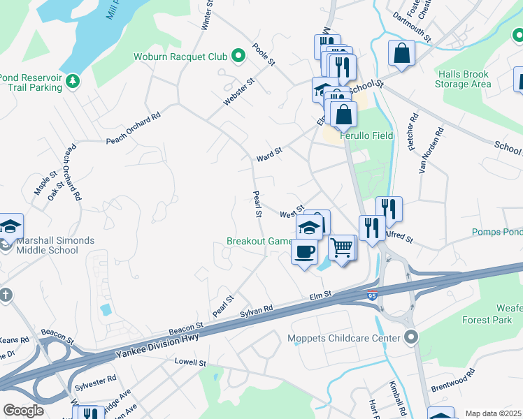 map of restaurants, bars, coffee shops, grocery stores, and more near 58 Pearl Street in Woburn