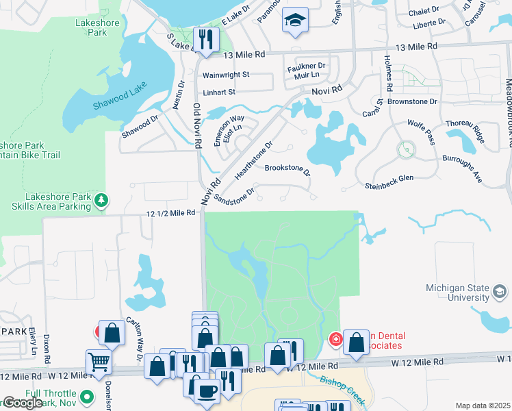 map of restaurants, bars, coffee shops, grocery stores, and more near 28727 Quarry Ct in Novi