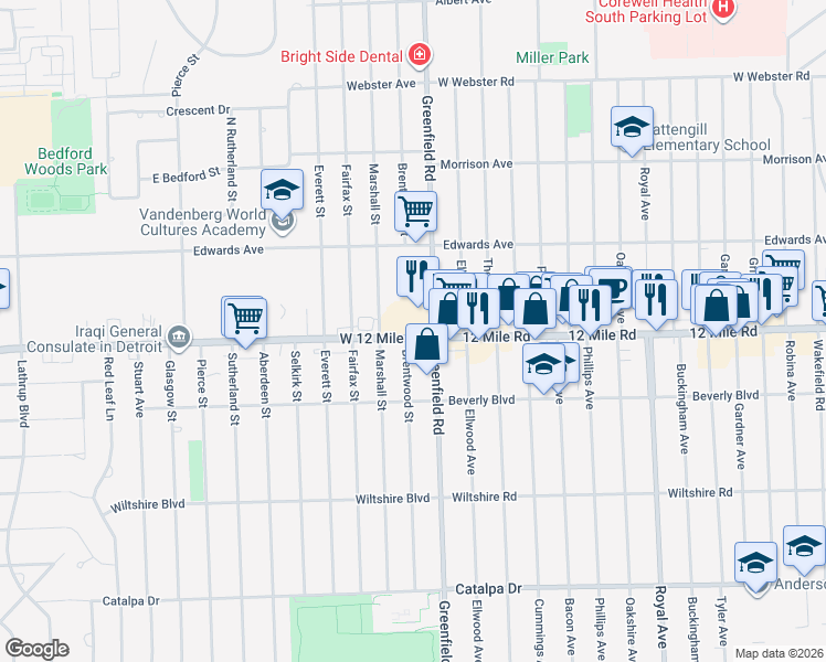 map of restaurants, bars, coffee shops, grocery stores, and more near in Southfield
