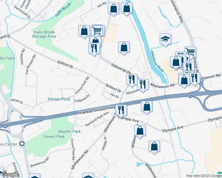 map of restaurants, bars, coffee shops, grocery stores, and more near 213 School Street in Woburn