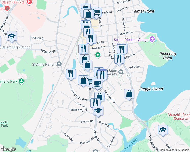 map of restaurants, bars, coffee shops, grocery stores, and more near 122 Broadway in Salem