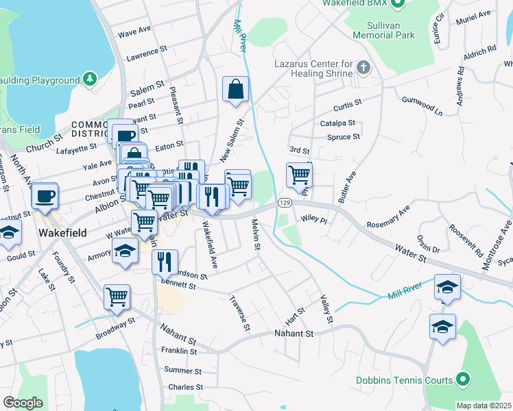 map of restaurants, bars, coffee shops, grocery stores, and more near 187 Water Street in Wakefield