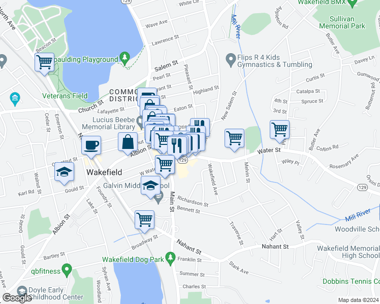 map of restaurants, bars, coffee shops, grocery stores, and more near 23r Water Street in Wakefield