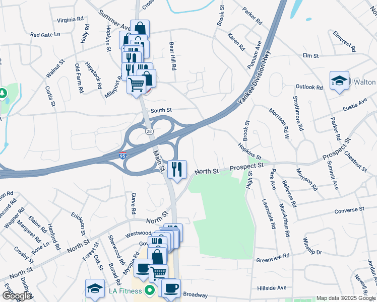 map of restaurants, bars, coffee shops, grocery stores, and more near 1 Pope Street in Wakefield