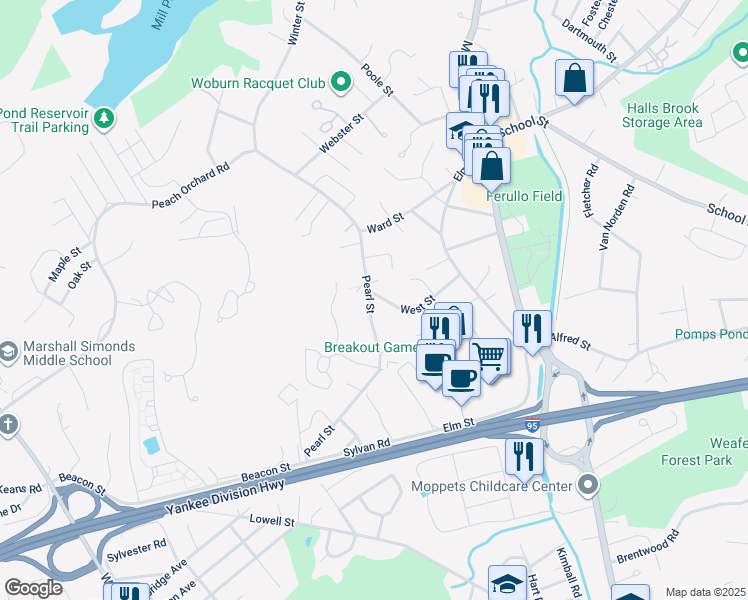 map of restaurants, bars, coffee shops, grocery stores, and more near 58 Pearl Street in Woburn