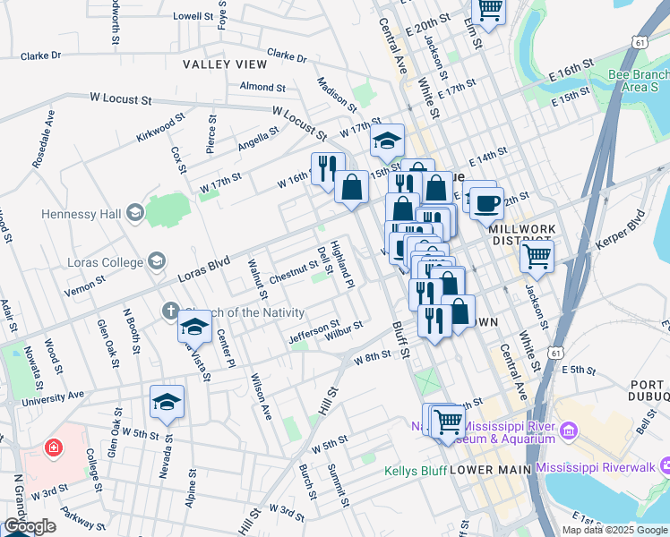 map of restaurants, bars, coffee shops, grocery stores, and more near 1105 Highland Place in Dubuque