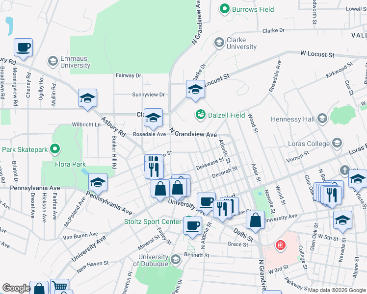 map of restaurants, bars, coffee shops, grocery stores, and more near 2120 Green Street in Dubuque