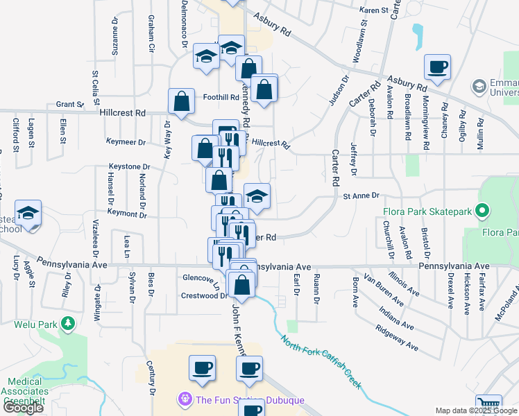 map of restaurants, bars, coffee shops, grocery stores, and more near 3270 Saint Anne Drive in Dubuque