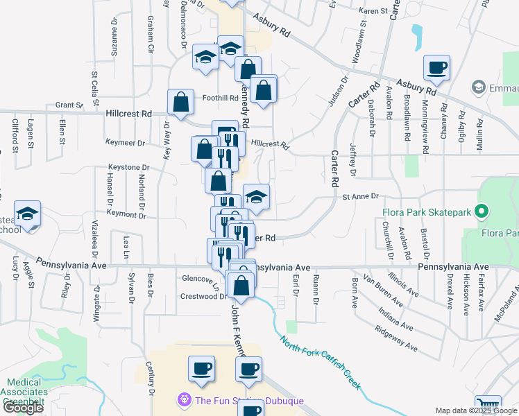 map of restaurants, bars, coffee shops, grocery stores, and more near 3259 Saint Anne Drive in Dubuque