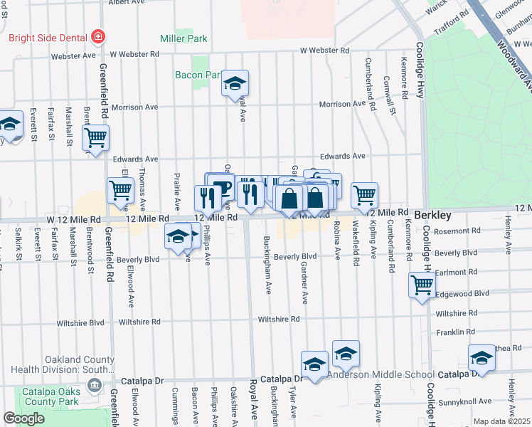 map of restaurants, bars, coffee shops, grocery stores, and more near 3342 Buckingham Avenue in Berkley