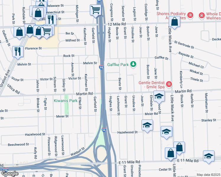 map of restaurants, bars, coffee shops, grocery stores, and more near 19720 Martin Road in St. Clair Shores