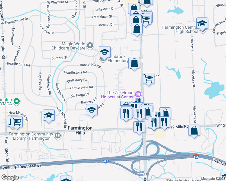 map of restaurants, bars, coffee shops, grocery stores, and more near 28145 Parkhill Street in Farmington Hills