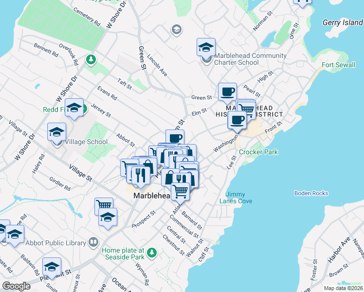 map of restaurants, bars, coffee shops, grocery stores, and more near 30 Bassett Street in Marblehead