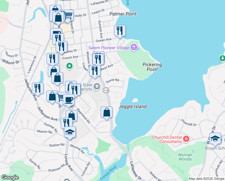 map of restaurants, bars, coffee shops, grocery stores, and more near 31 Fairview Road in Salem
