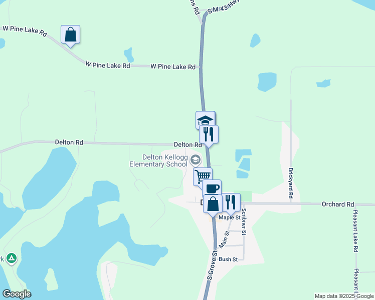 map of restaurants, bars, coffee shops, grocery stores, and more near 327 North Grove Street in Delton