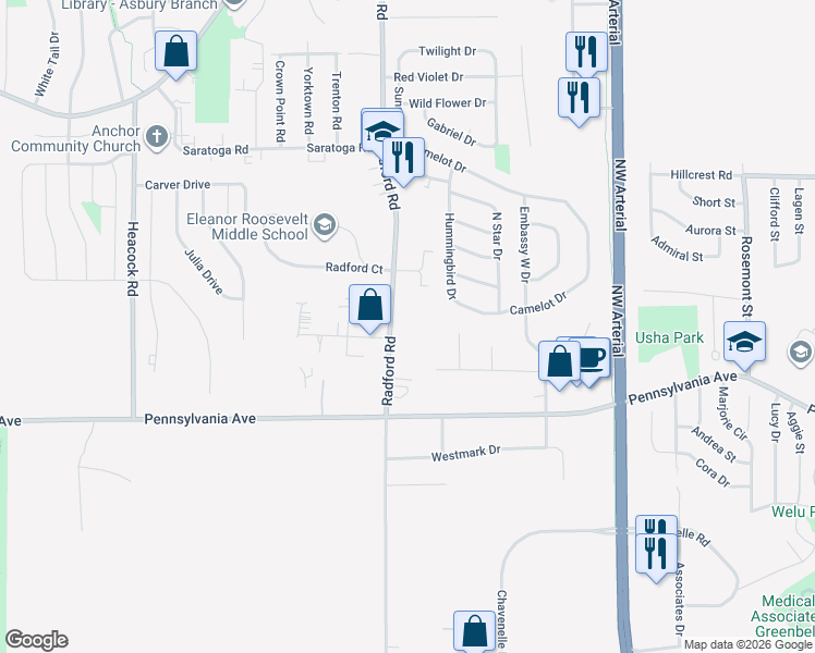 map of restaurants, bars, coffee shops, grocery stores, and more near 1800 Radford Road in Dubuque