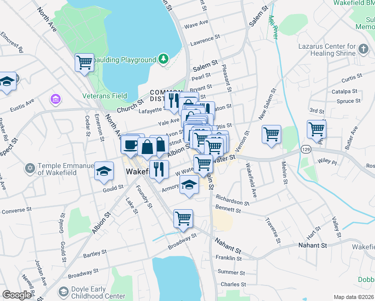 map of restaurants, bars, coffee shops, grocery stores, and more near 8 Foster Street in Wakefield