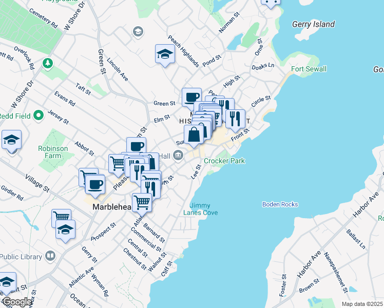 map of restaurants, bars, coffee shops, grocery stores, and more near 6 Lookout Court in Marblehead