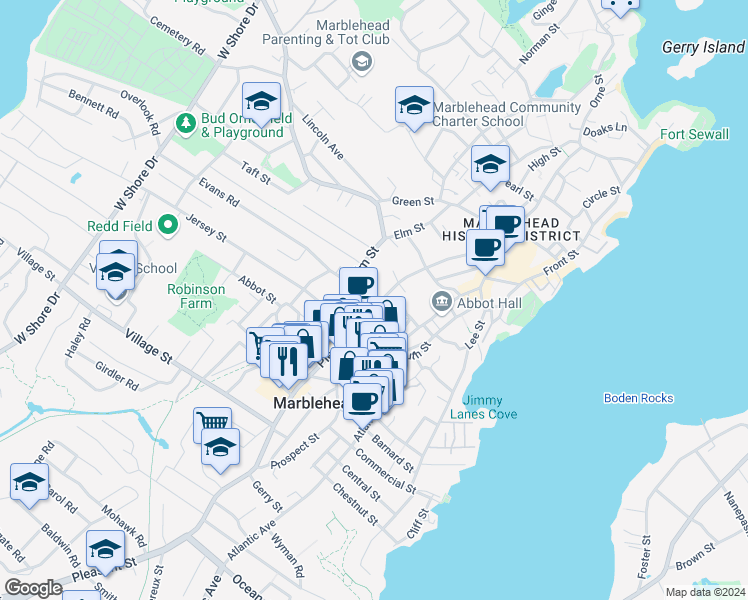 map of restaurants, bars, coffee shops, grocery stores, and more near 30 Bassett Street in Marblehead