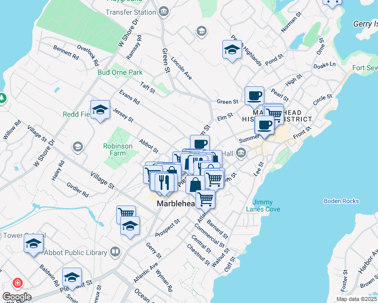 map of restaurants, bars, coffee shops, grocery stores, and more near 18 Sewall Street in Marblehead