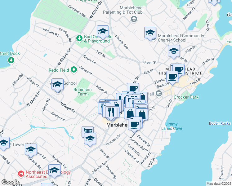 map of restaurants, bars, coffee shops, grocery stores, and more near 5 Linden Street in Marblehead