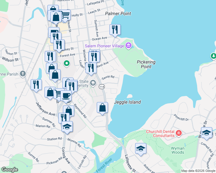 map of restaurants, bars, coffee shops, grocery stores, and more near 31 Fairview Road in Salem