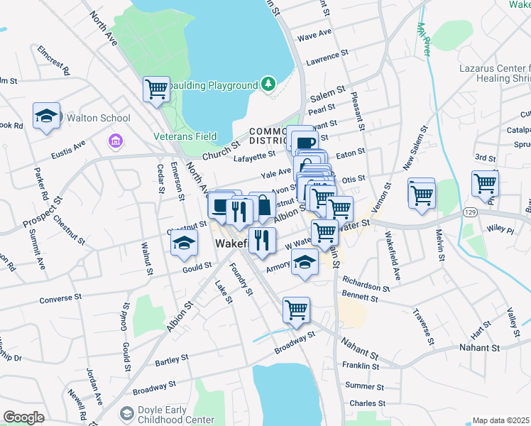 map of restaurants, bars, coffee shops, grocery stores, and more near 74 Albion Street in Wakefield